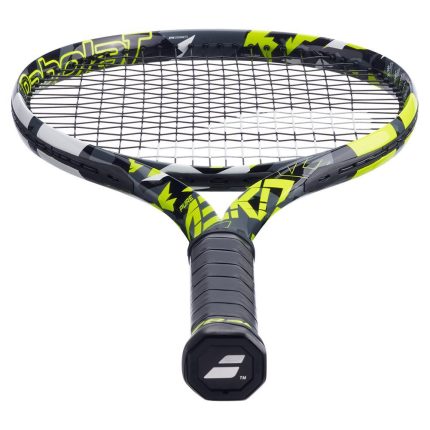 Close-up view of Babolat Pure Aero tennis racket handle and frame.